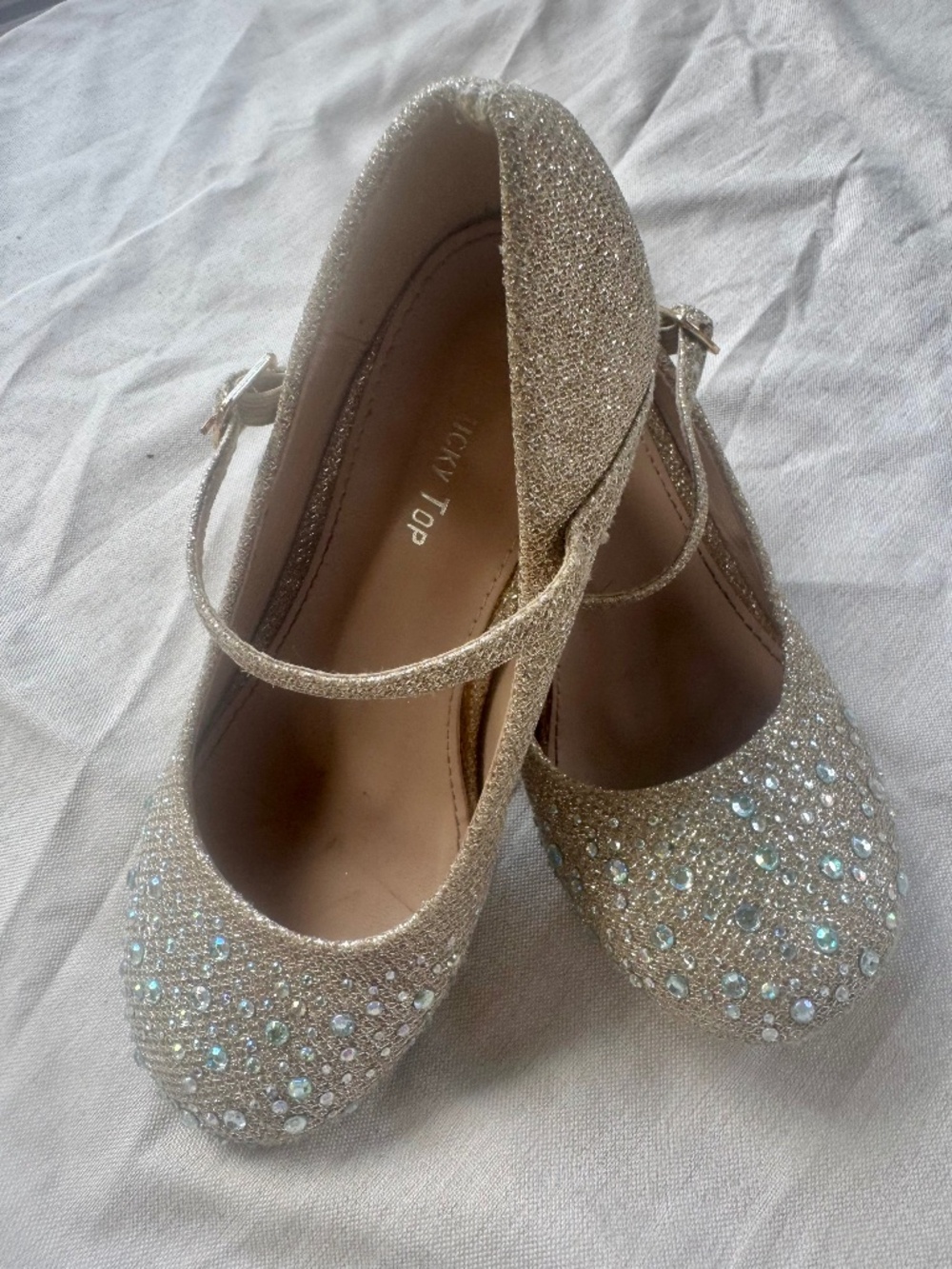 Gold iridescent beaded low heal shoes